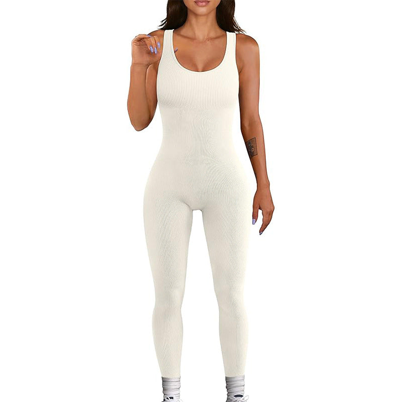 One-piece fitness suit with open back, hip lift and thin fitness trousers