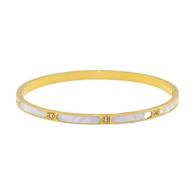 Pulseira em aço inoxidável ouro rosa com diamantes e concha, simples e versátil