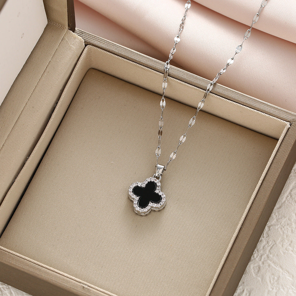 Black & White Four-Leaf Clover Necklace