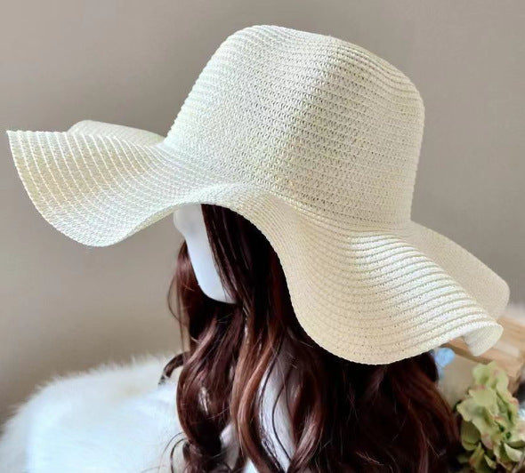 Wavy Edge Bow Straw Hat Summer Large Brim UV Protection