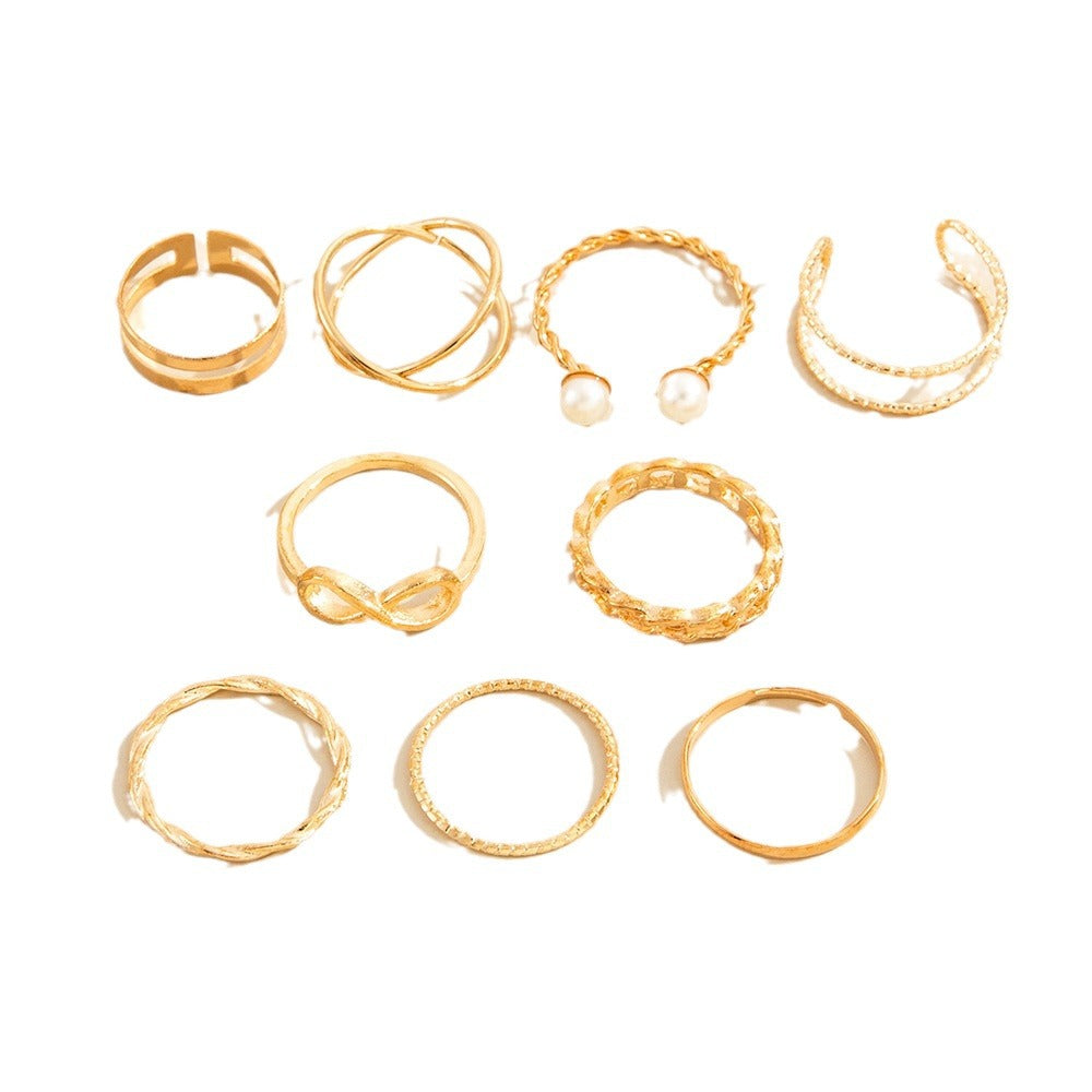 Anillo de perla para dedo índice dorado, juego de 9 piezas