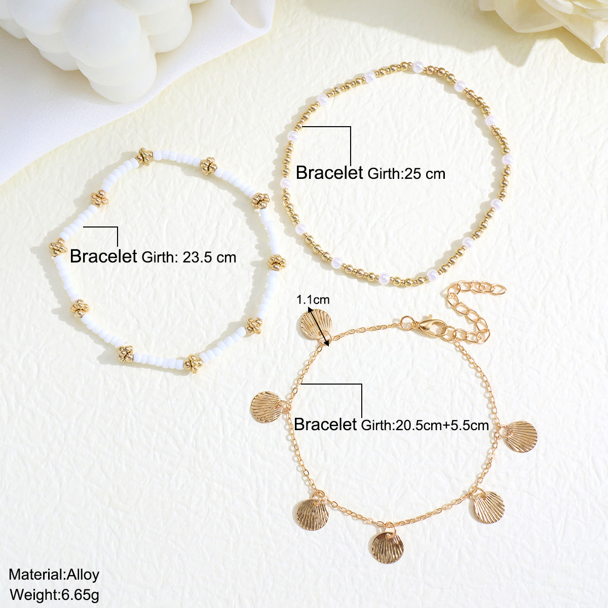 Rice Pearl Shell Multilayer Anklet Set 3-Piece Set
