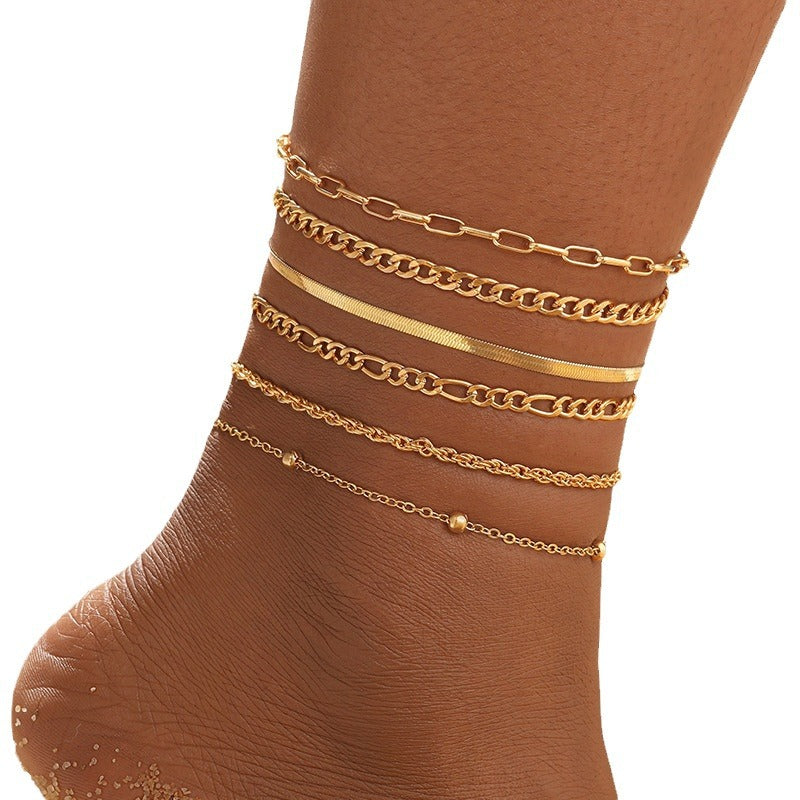 Multi-Layer Gold Chain Anklet Set (6-Piece)