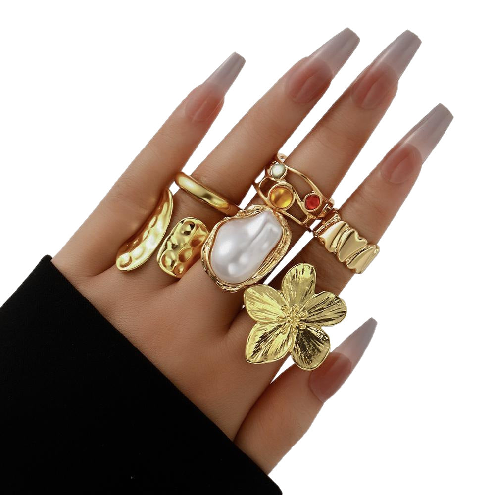 6-Piece Flower & Pearl Ring Set