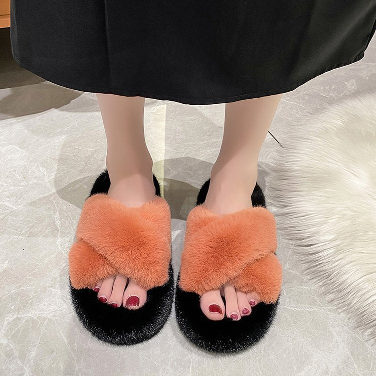 Rabbit fur cross slippers
