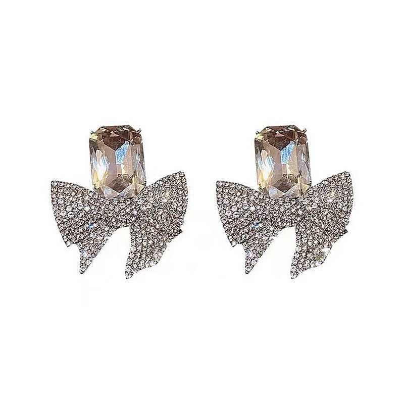 Full Diamond Bow Square Crystal Earrings