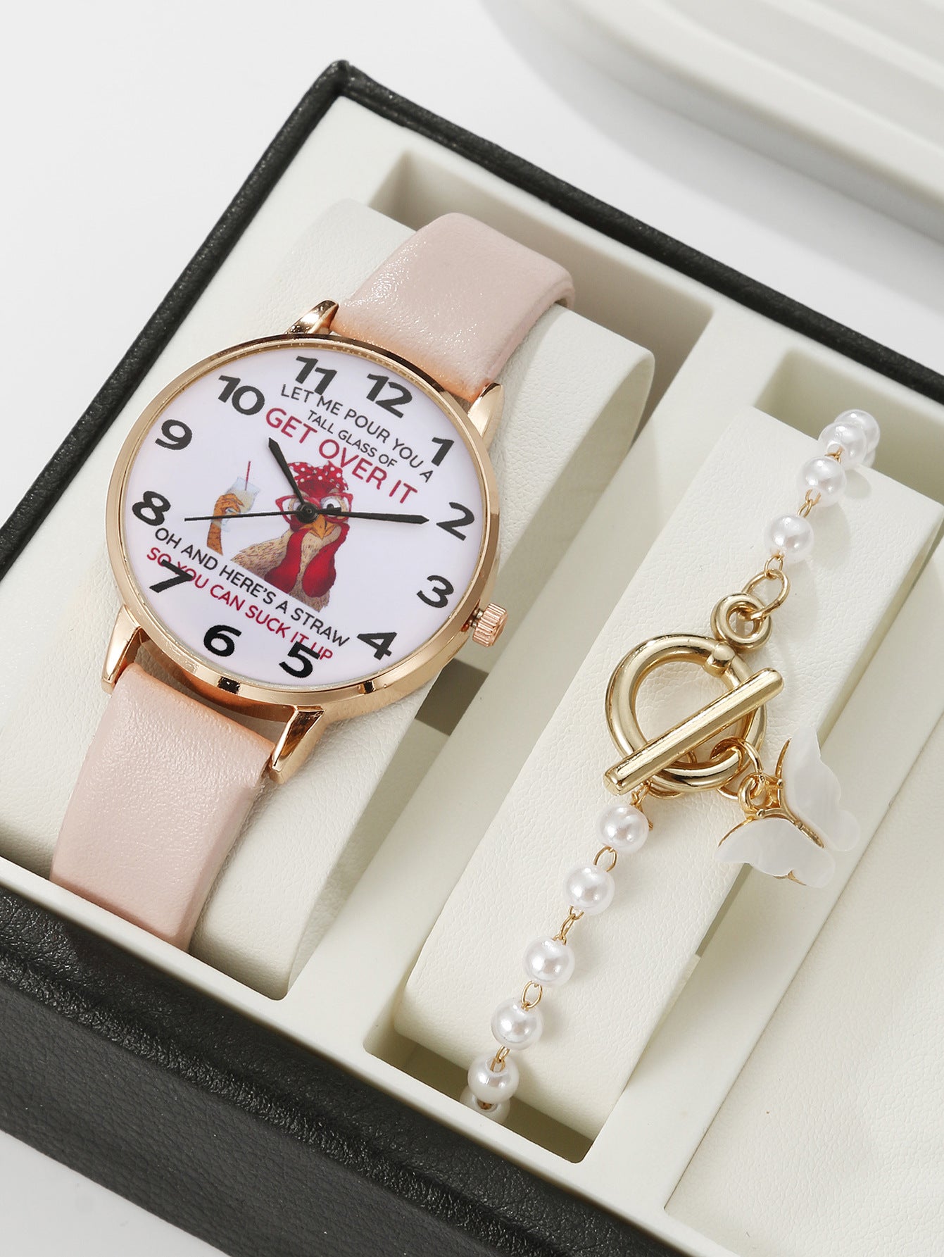 Round digital watch rose bracelet set