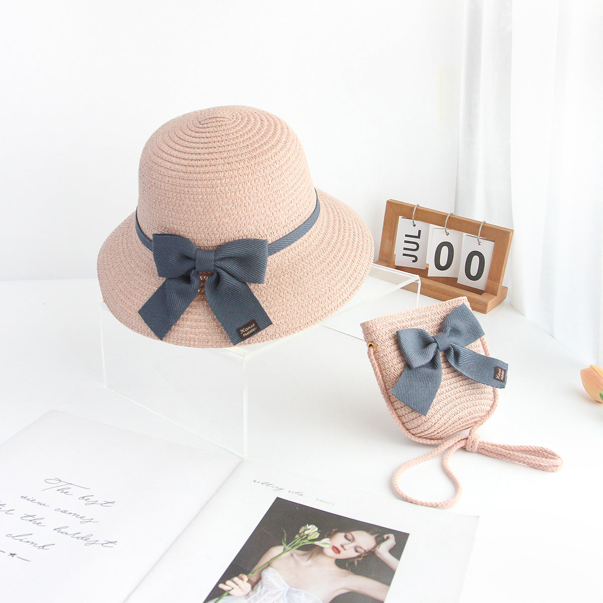 Sombrero de paja para el sol para niños con lazo de encaje, conjunto de 2 piezas