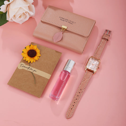 Watch square pink personality 4-piece set