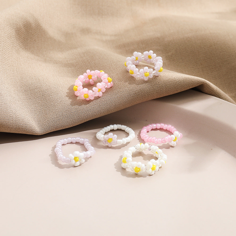 Rice Bead Flower Ring Set 6-Piece Set