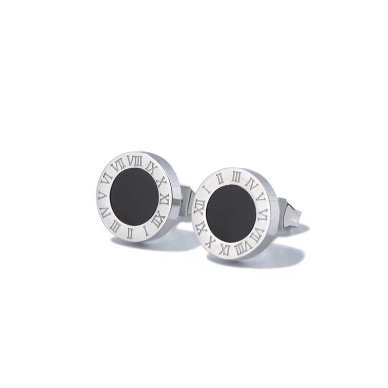 Round Black Roman Titanium Steel Stud Earrings