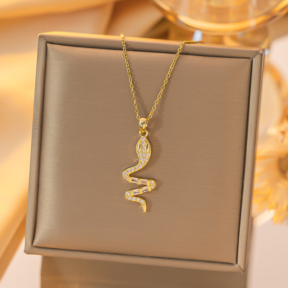 Women's Gold-Plated Snake Pendant Necklace with Colored Zircons