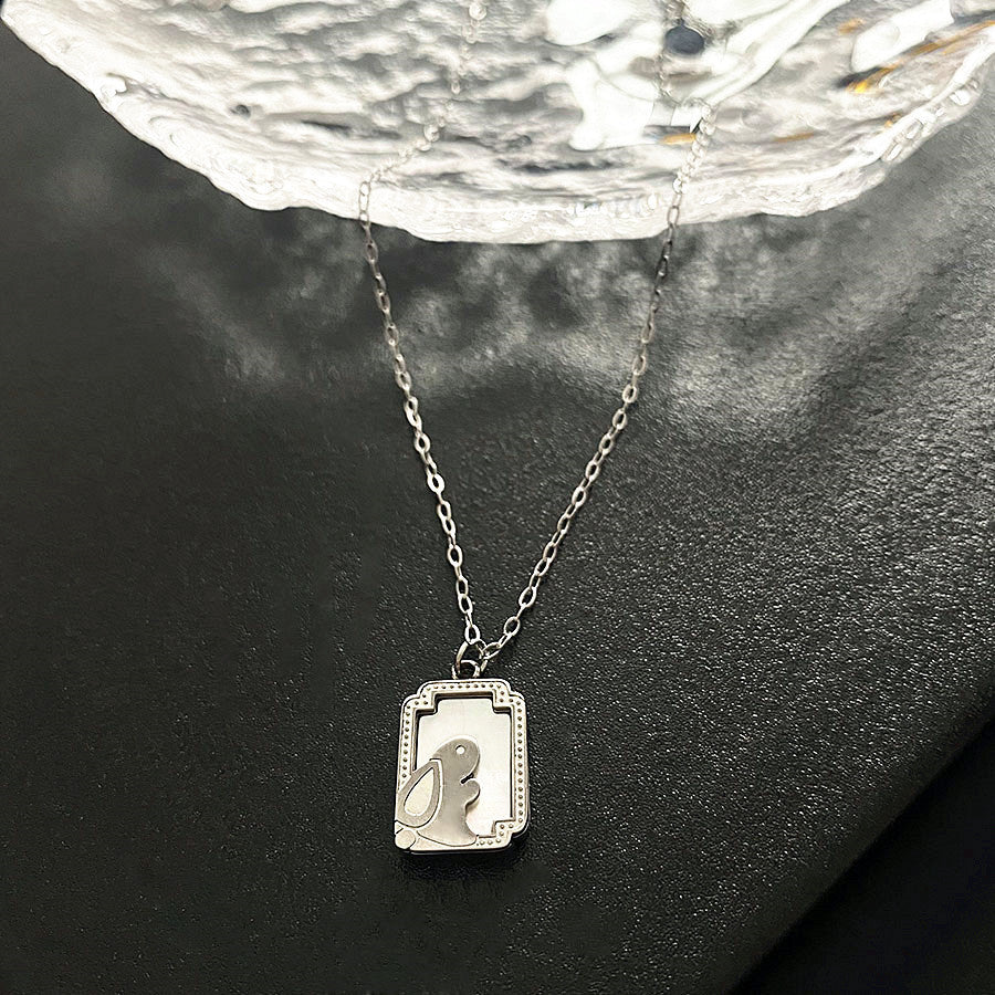 Women's Titanium Steel Moonlight Rabbit White Mother-of-Pearl Square Pendant Necklace