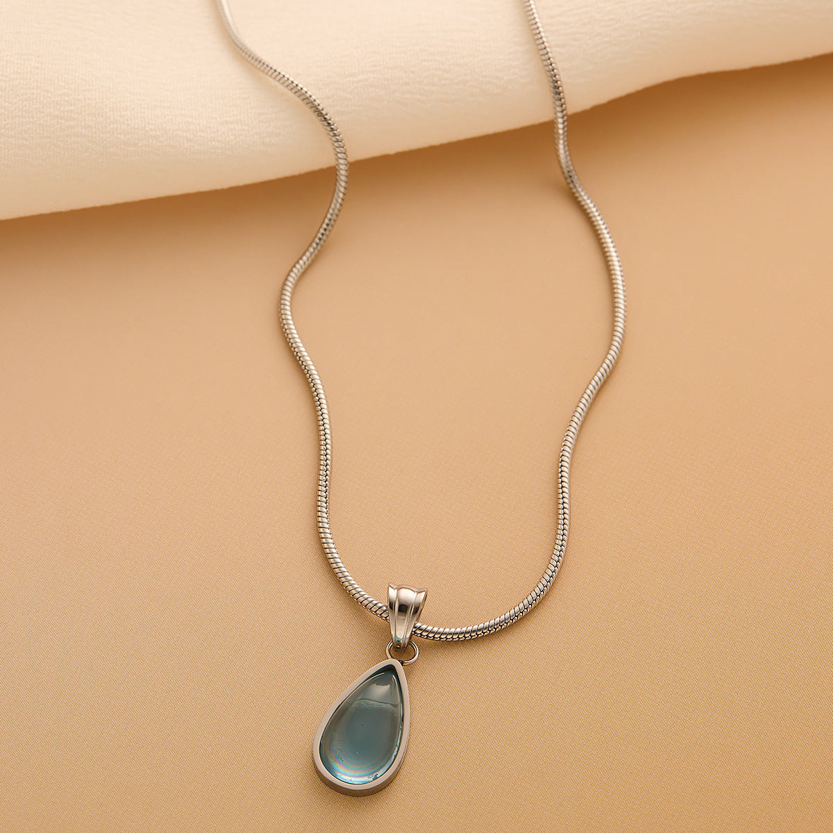 Women's Gold-Plated Titanium Steel Blue-Green Teardrop Pendant Snake Chain Necklace