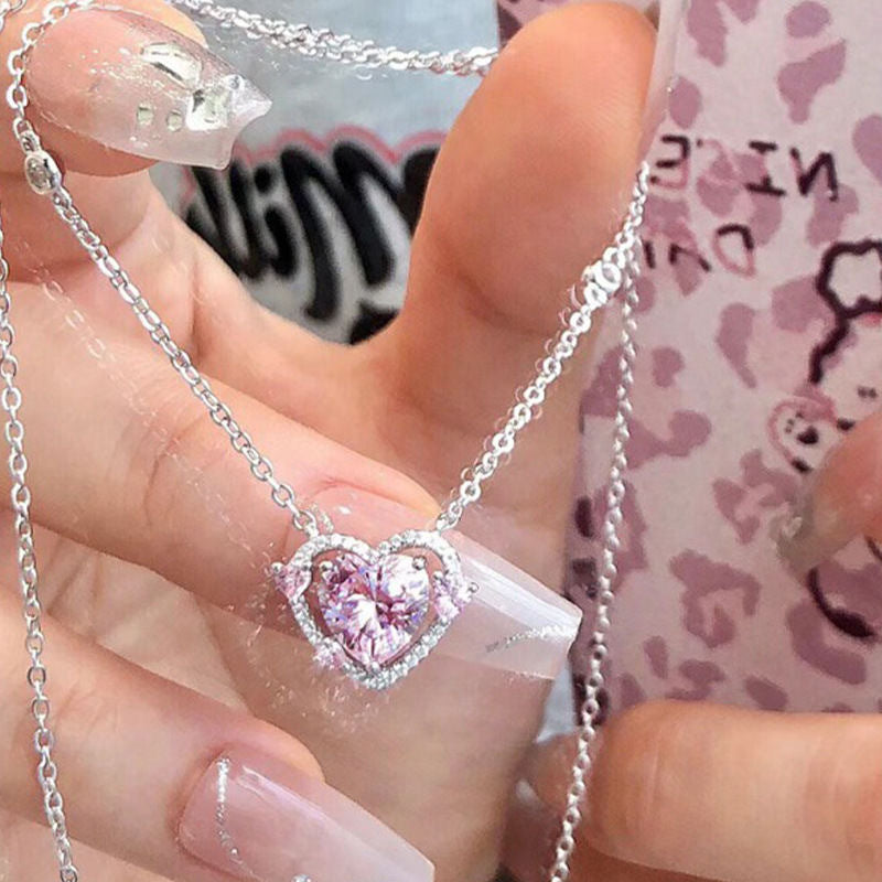 Pink Rhinestone Planet Heart Necklace
