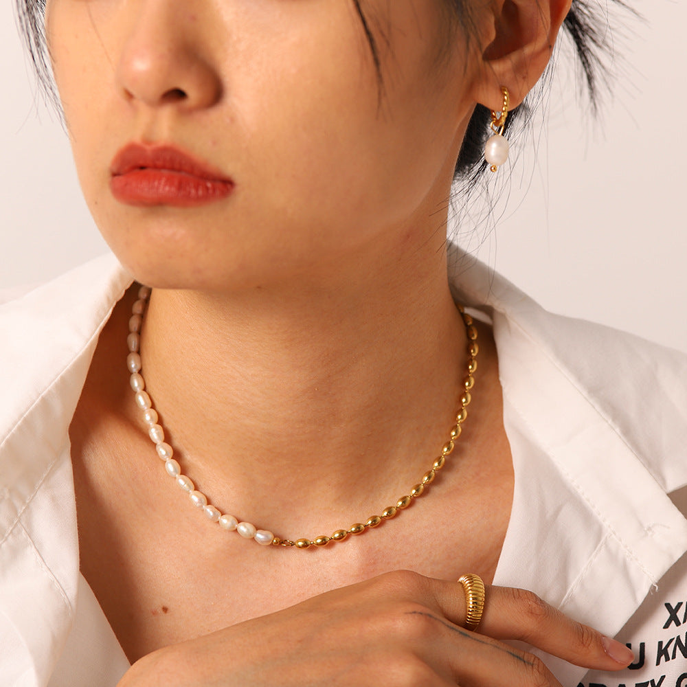 Water Pearl Half Gold Bead Short Necklace
