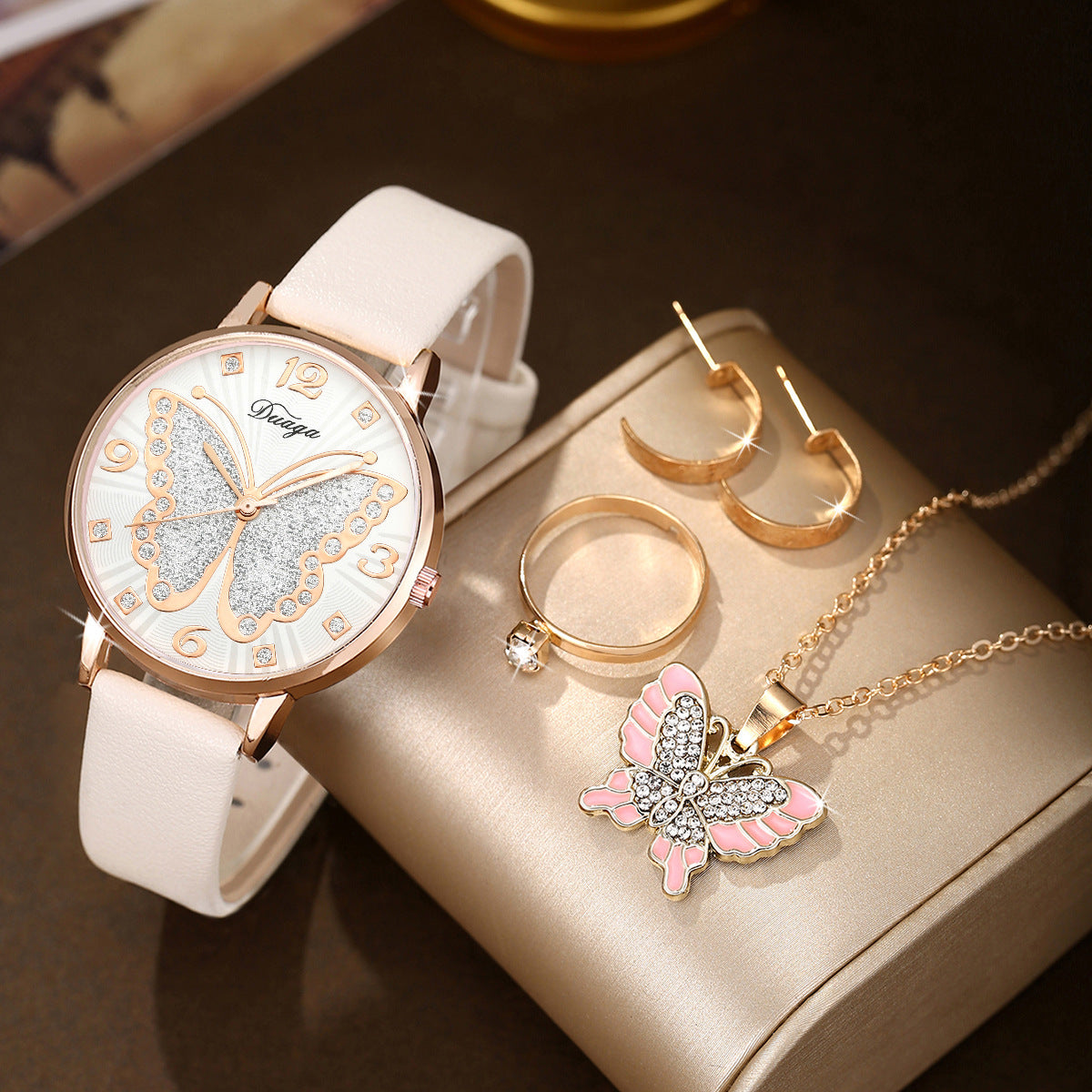 Rose Gold Diamond Butterfly Watch Pearl Jewelry Set