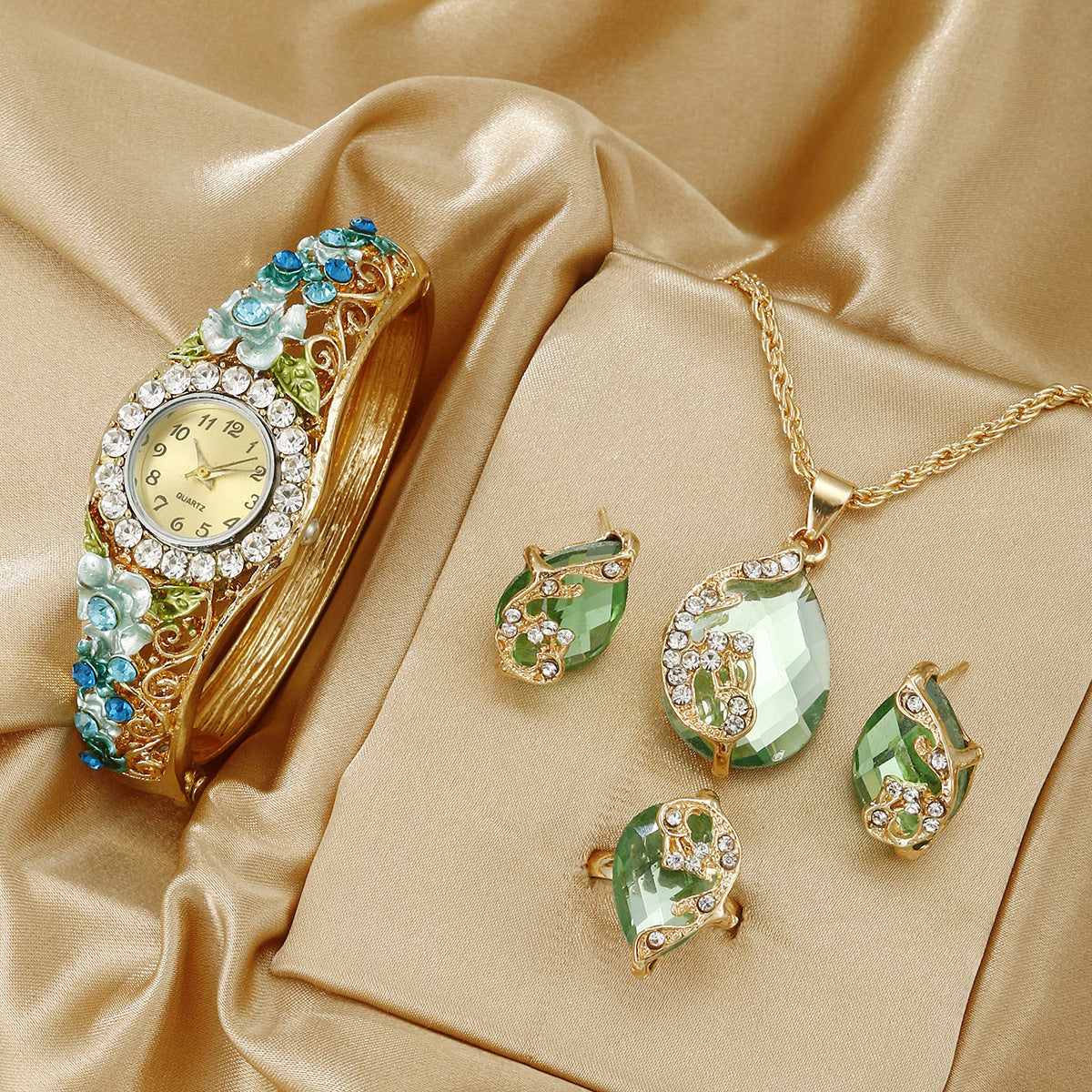 Three-dimensional flower oval bracelet watch set