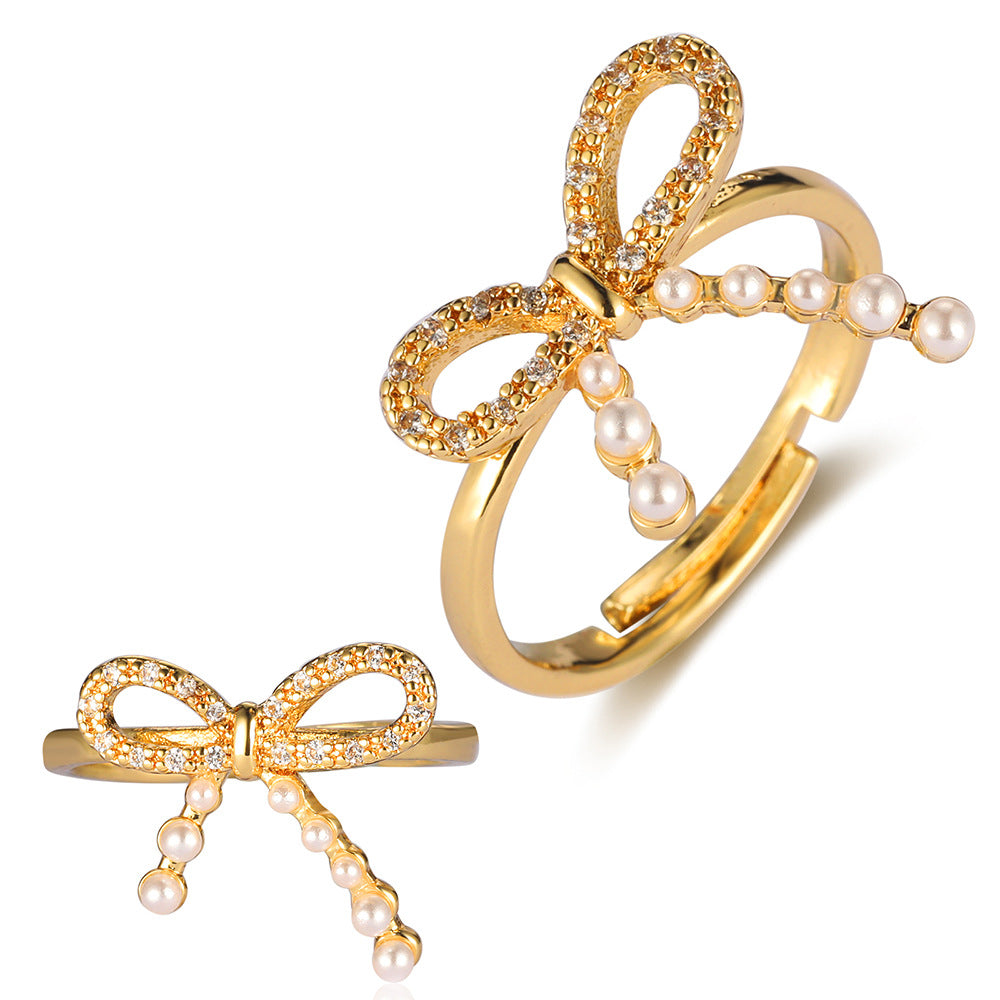 Pearl Flower Love Lock Bow Ring