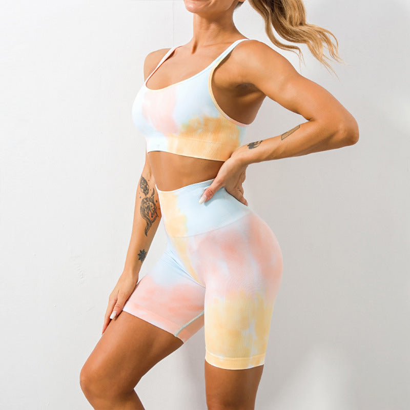 Conjunto de yoga de cintura alta con efecto tie-dye sin costuras