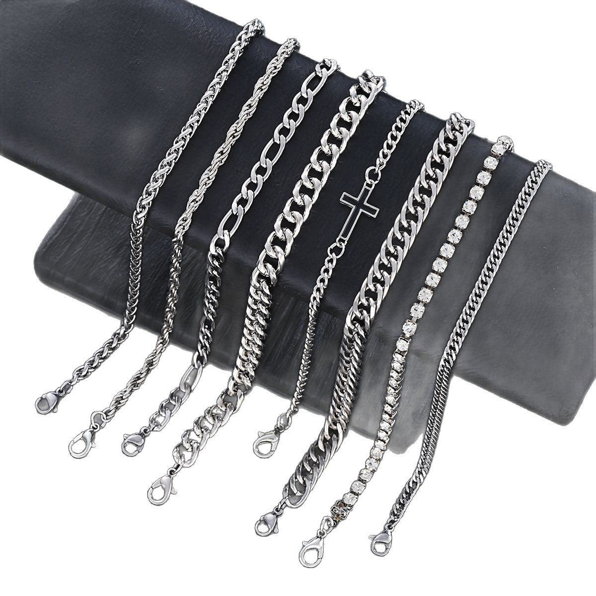Stainless Steel Cuban Cross Chain Bracelet Set (8pc)
