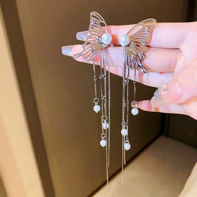 Butterfly earrings long pearl fringed earbone clips for women