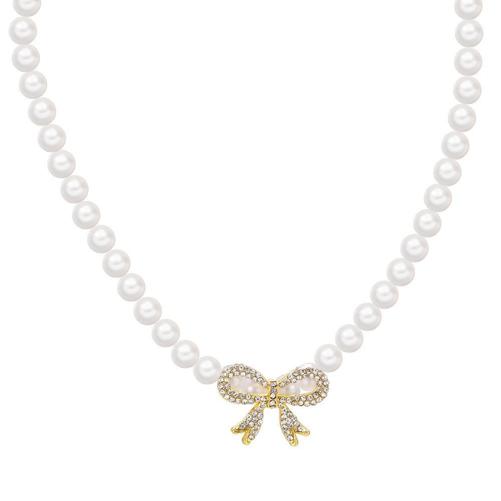Diamond Bow Pearl Necklace