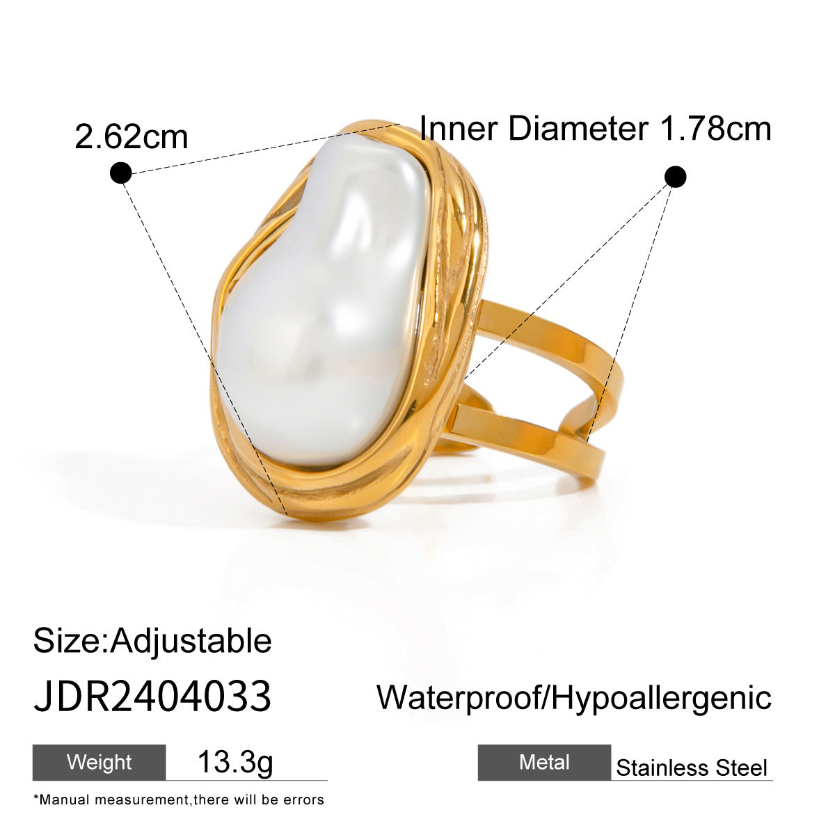 Stainless Steel Baroque Pearl Open Ring