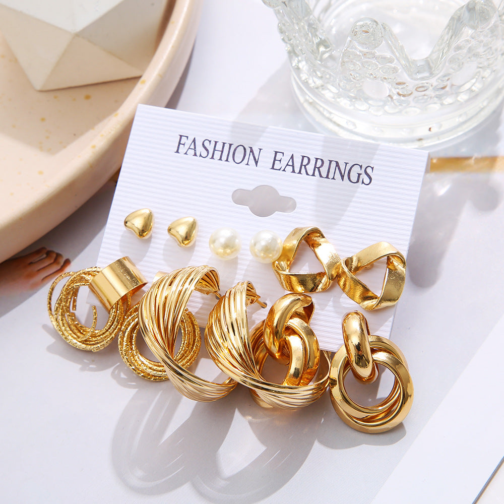 Geometric Twist Pearl Hoop Earring Set (6-Piece)