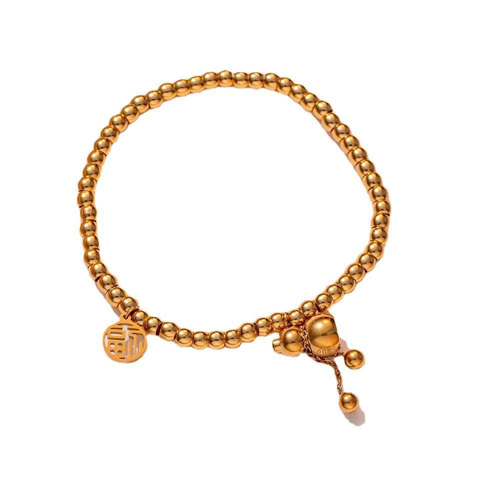 Pulseira de cabaça de aço de titânio para mulheres – conta elástica de ouro, amuleto da sorte, estilo coreano moderno