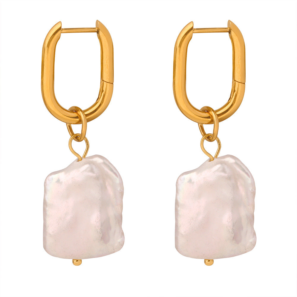 Gold-Plated Titanium Steel Irregular Freshwater Pearl Earrings — Women's Retro Luxe