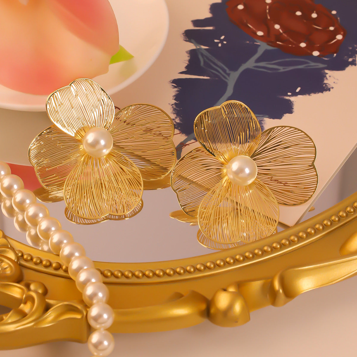 Pendientes de botón con forma de flor de metal con aguja de plata S925