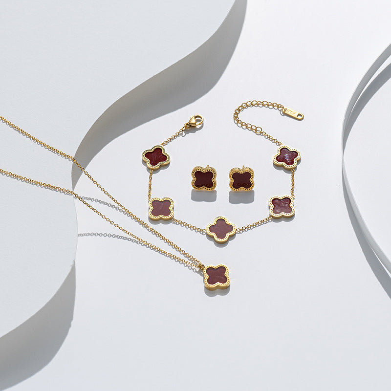 Pulseira trevo de aço titânio, brincos, conjunto de colar