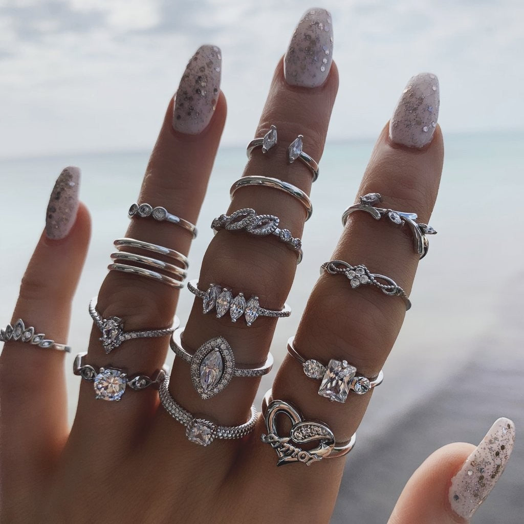 Star Moon & Leaf 10-Piece Ring Set