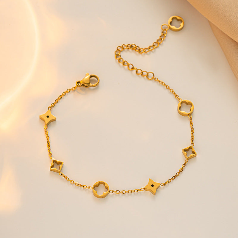 Elegante colar oco de aço titânio com trevo de quatro folhas