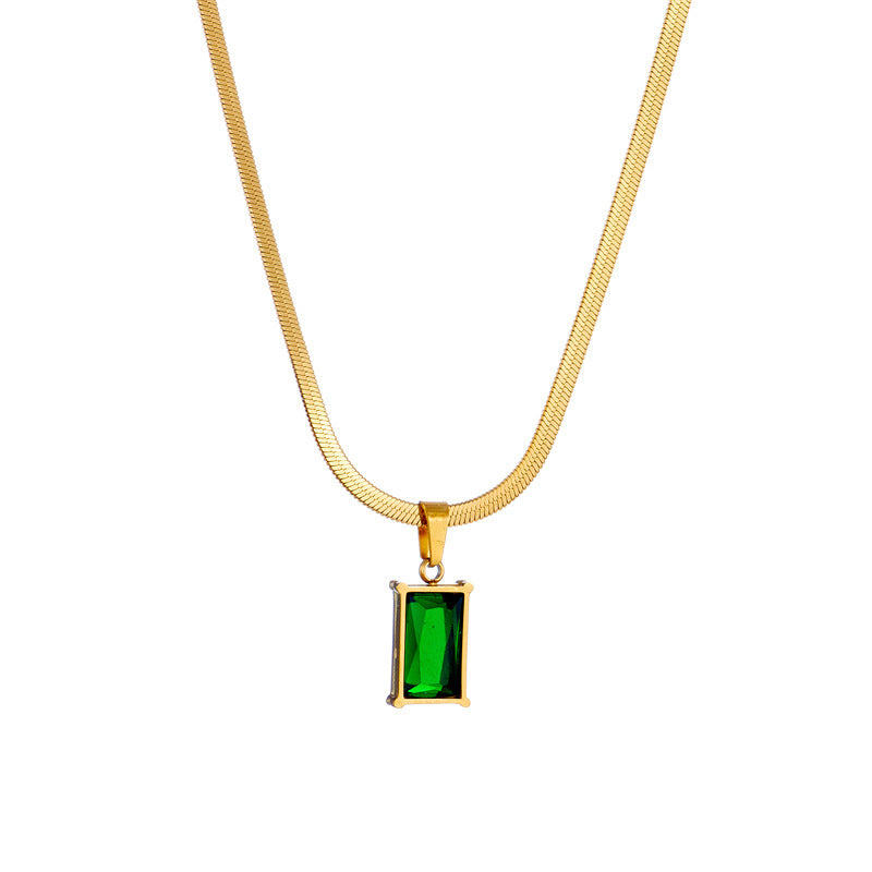 Minimalist Green Rectangular Gem Pendant Titanium Steel Snake Chain