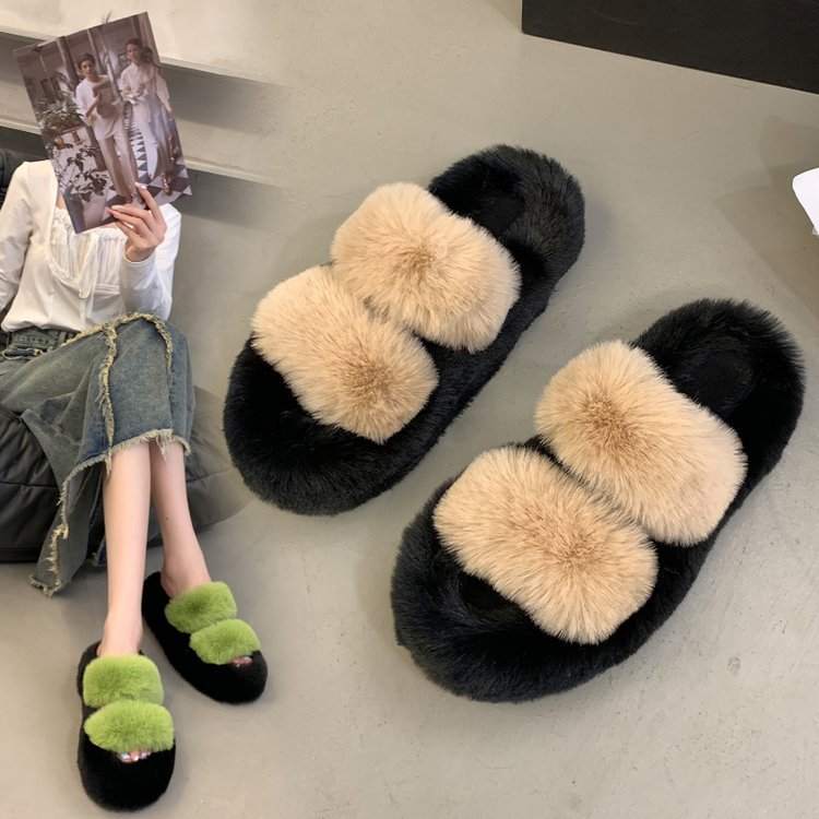 Real rabbit fur flat-bottomed slippers fashion