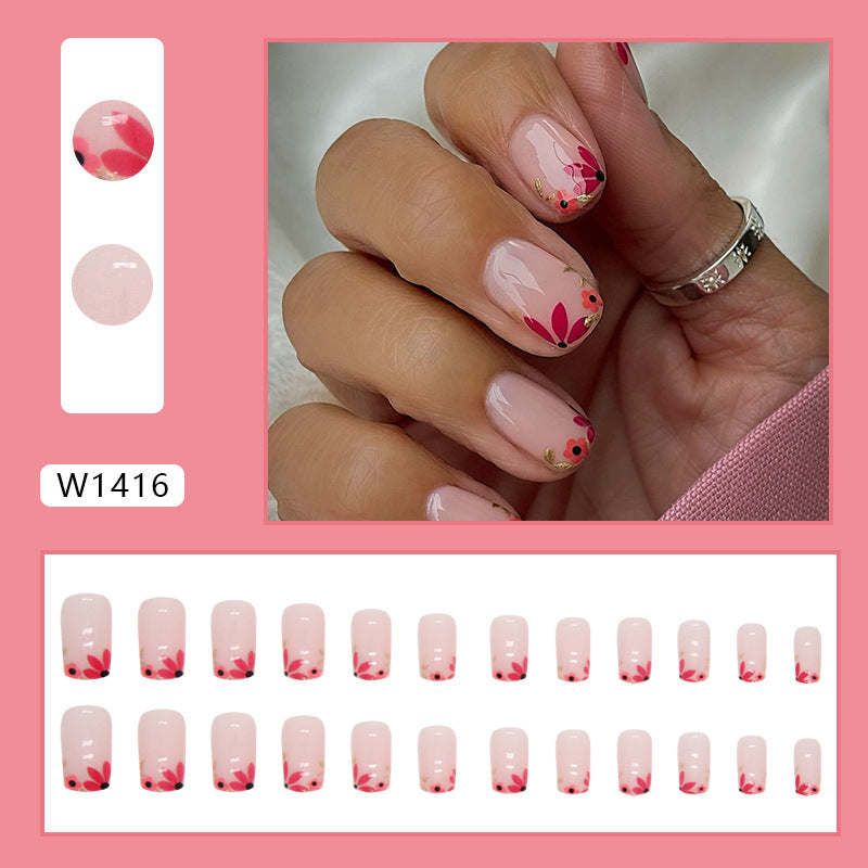 Plum Color Floral Square Fake Nails