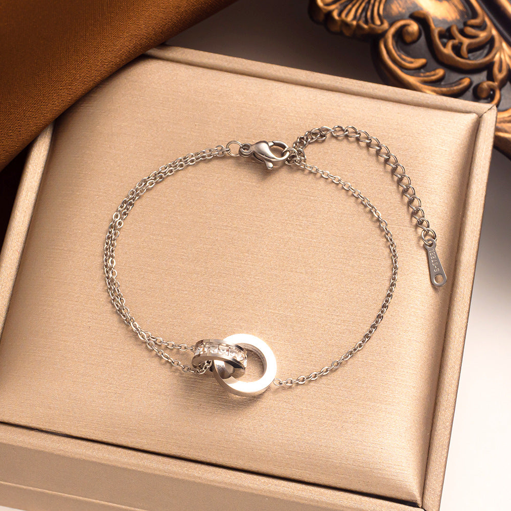 Pulseira romana de aço titânio com anel duplo – minimalista, moderna, moderna e unissex