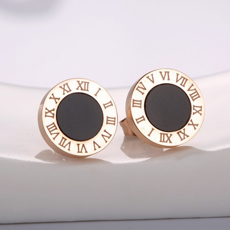 Round Black Roman Titanium Steel Stud Earrings