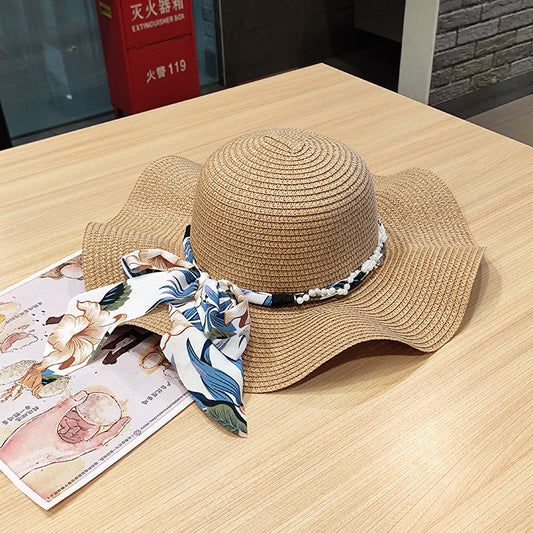 Wavy Edge Bow Straw Hat Summer Large Brim UV Protection