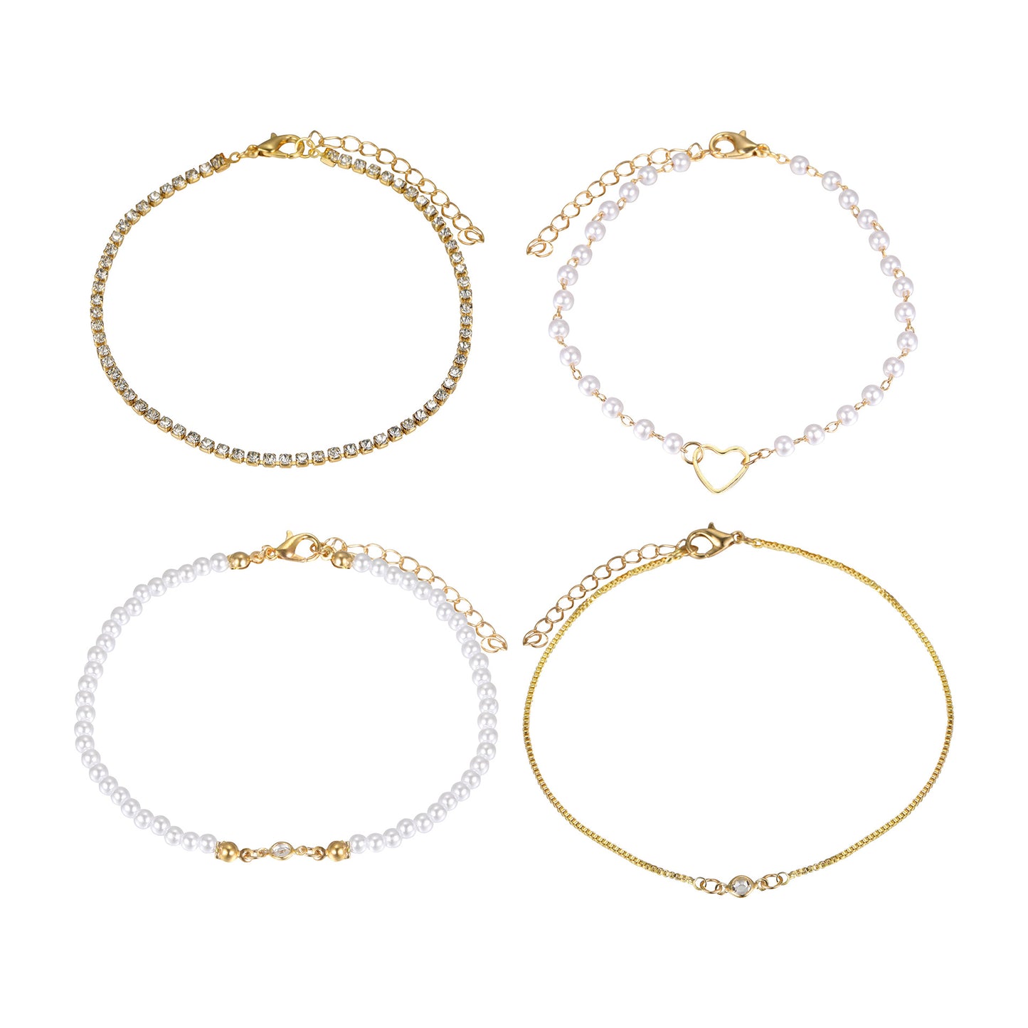 4-Piece Rhinestone Pearl Heart Bracelet Set