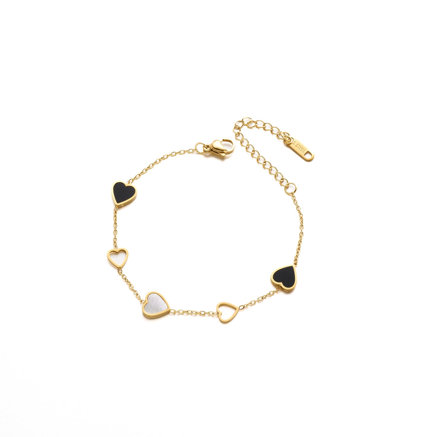 Women's Hollow Heart Stainless Steel Bracelet — Black & White, 18K Gold-Plated, Non-Fading