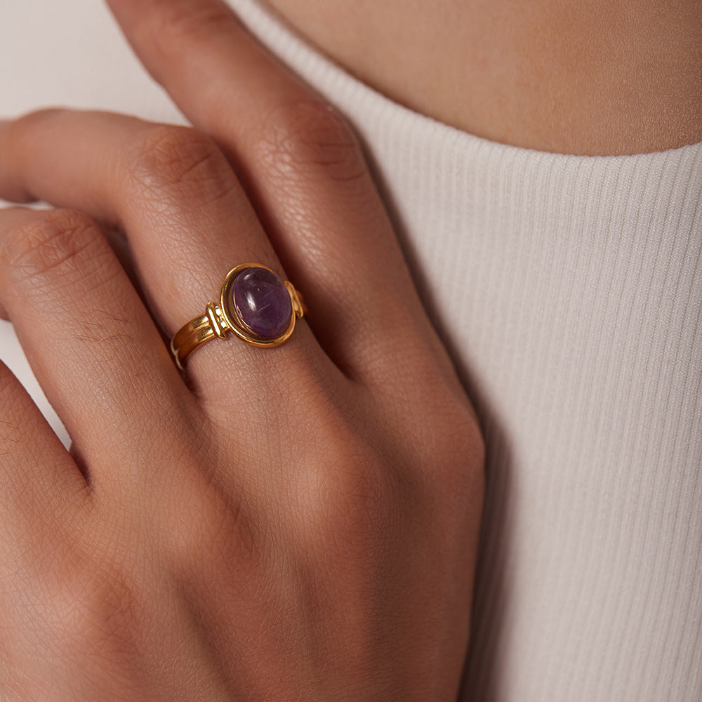 Anillo abierto con piedra semipreciosa ovalada de ojo de tigre/verde/morada