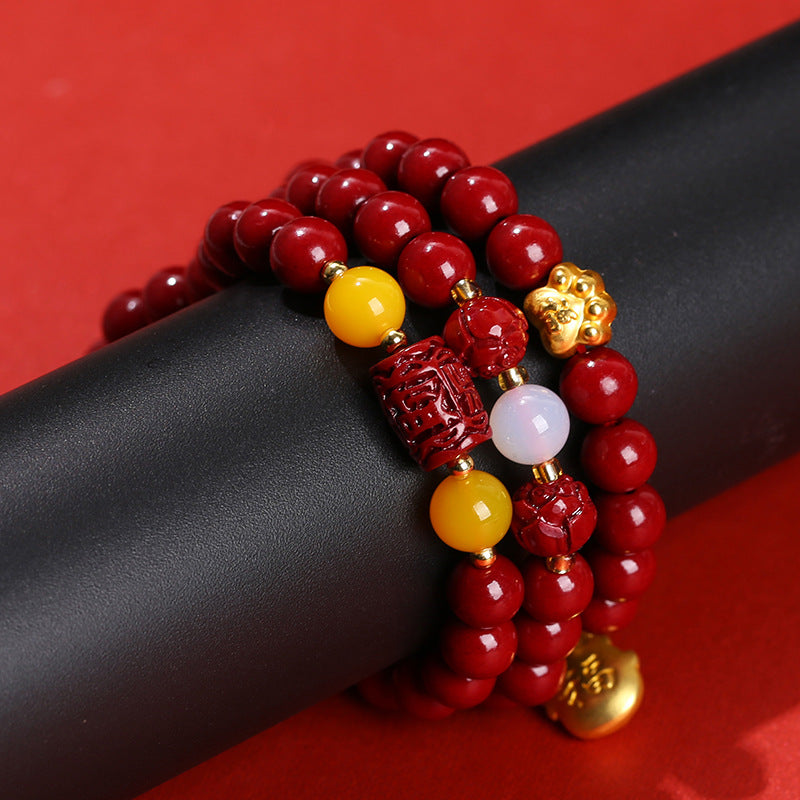 Pulsera de cinabrio con arena de oro morado y mineral en bruto