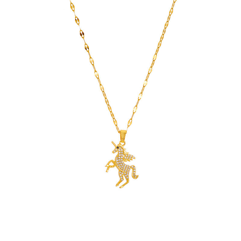 Women's Gold-Plated Titanium Steel Unicorn Collarbone Necklace — Micro-Inlaid Luxury