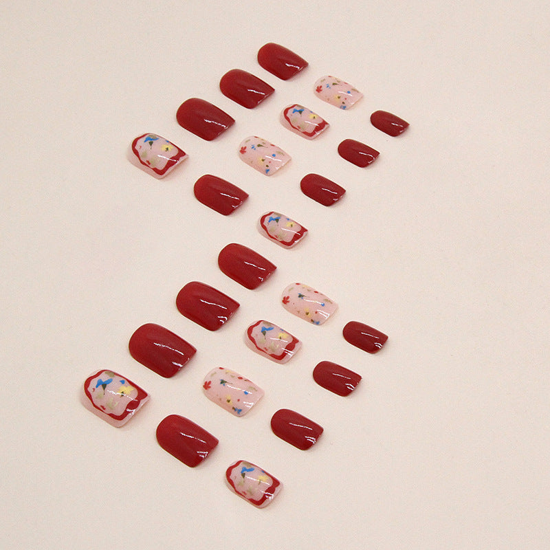 Short Wine Red Floral Square Fake Nails
