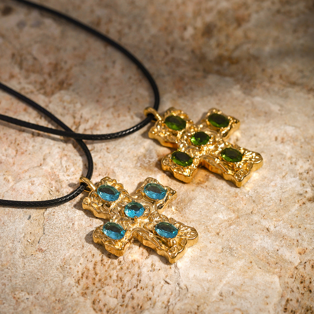 Wax rope cross necklace with diamonds