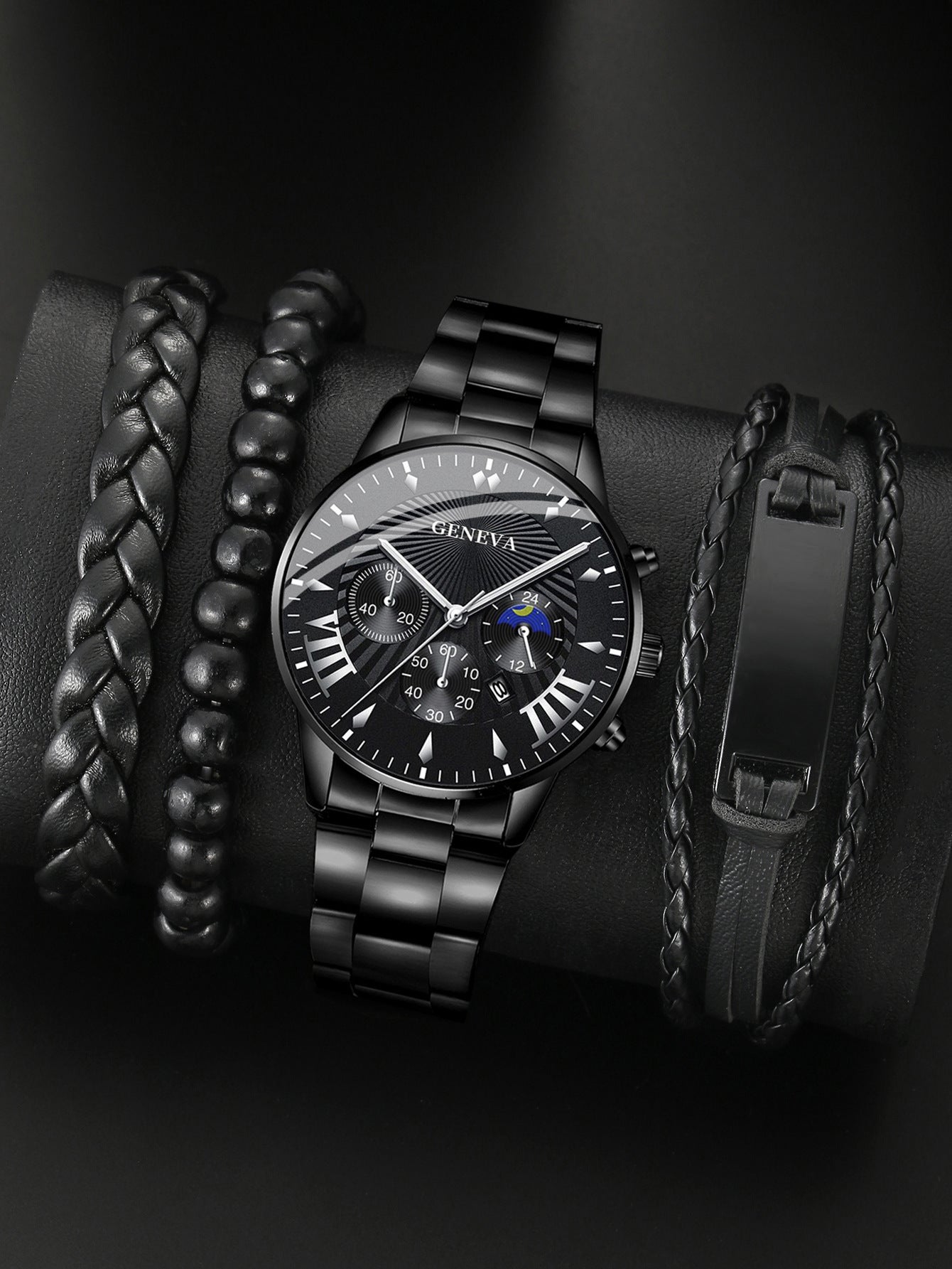 Steel belt quartz watch 3 bracelets Iron plate set