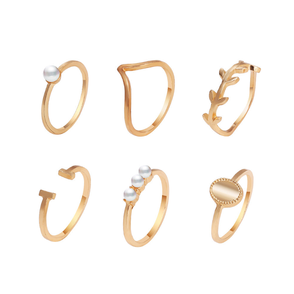 Gold-Plated Pearl Leaf Ring Set